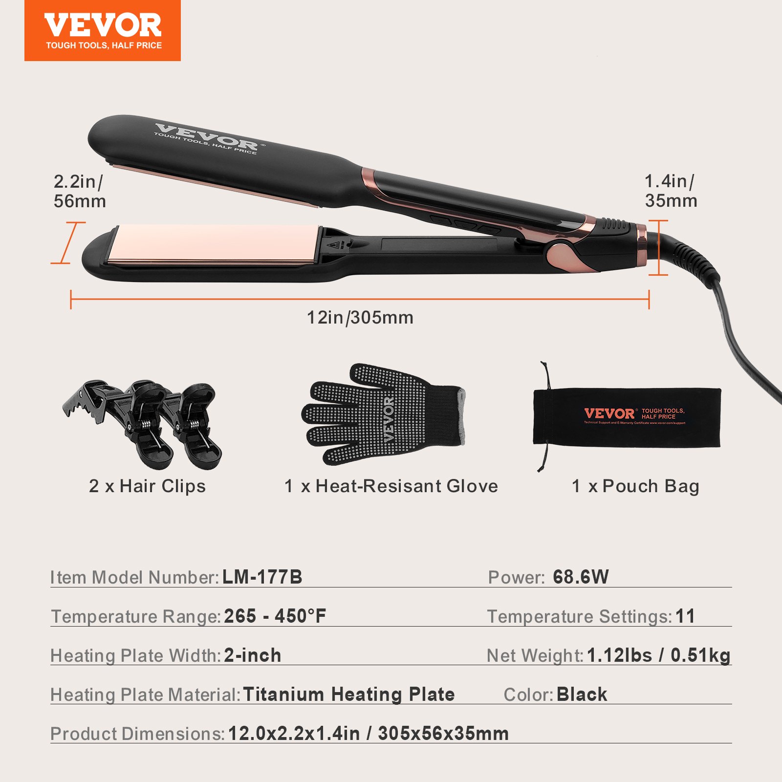 VEVOR Hair Straightener, 2-inch Titanium Flat Iron - with Infrared Technology and Negative Ions, Fast Heating Hair Straightener Flat Iron with LCD Display and 11 Temp Levels for Salon Home Travel