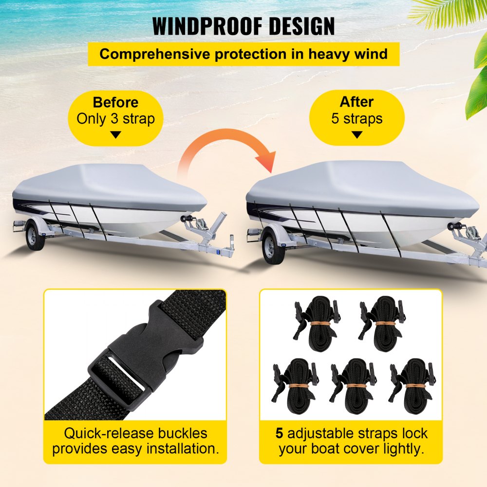 VEVOR Waterproof Boat Cover, 14'-16' Trailerable Boat Cover, Beam Width up to 90" v Hull Cover Heavy Duty 600D Marine Grade Polyester Mooring Cover for Fits V-Hull Boat with 5 Tightening Straps