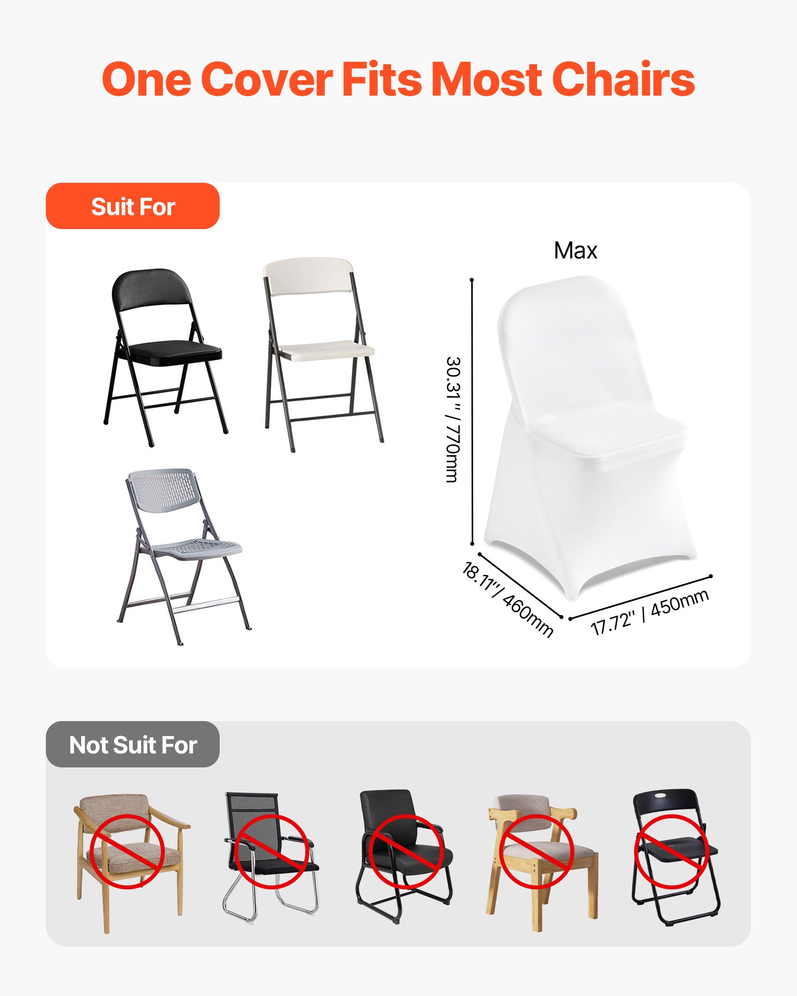 VEVOR 150 Pcs White Chair Covers, Polyester Spandex Chair Cover, Stretch Slipcovers for Wedding Party Dining Banquet Flat-Front Chair Covers, Fits Chair Measures up to 17.72 x 18.11 x 30.31 inch
