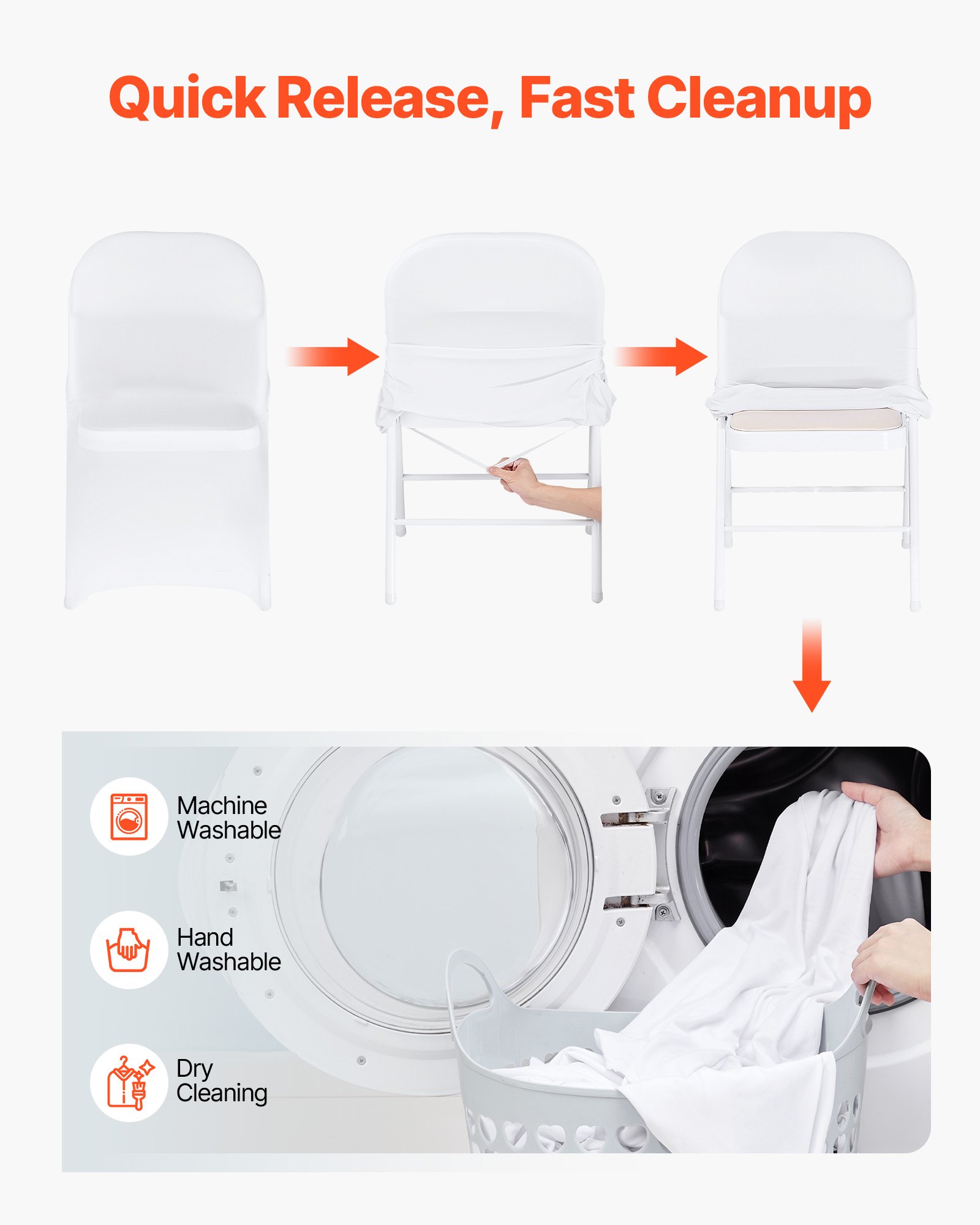 VEVOR 150 Pcs White Chair Covers, Polyester Spandex Chair Cover, Stretch Slipcovers for Wedding Party Dining Banquet Flat-Front Chair Covers, Fits Chair Measures up to 17.72 x 18.11 x 30.31 inch