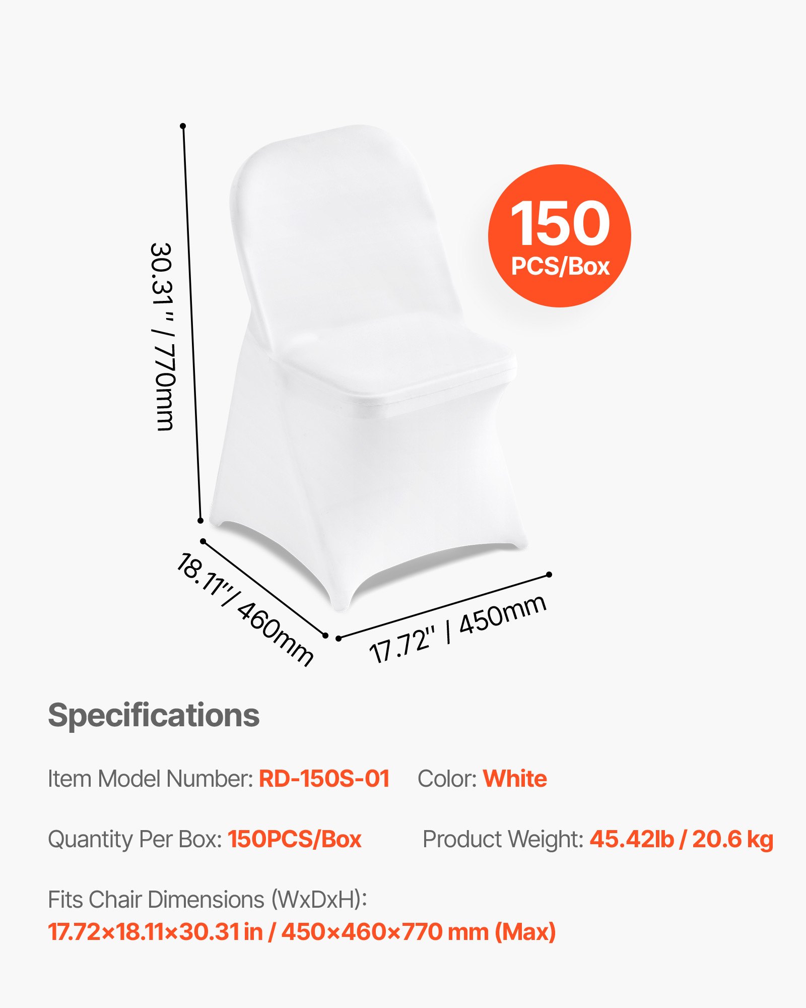 VEVOR 150 Pcs White Chair Covers, Polyester Spandex Chair Cover, Stretch Slipcovers for Wedding Party Dining Banquet Flat-Front Chair Covers, Fits Chair Measures up to 17.72 x 18.11 x 30.31 inch