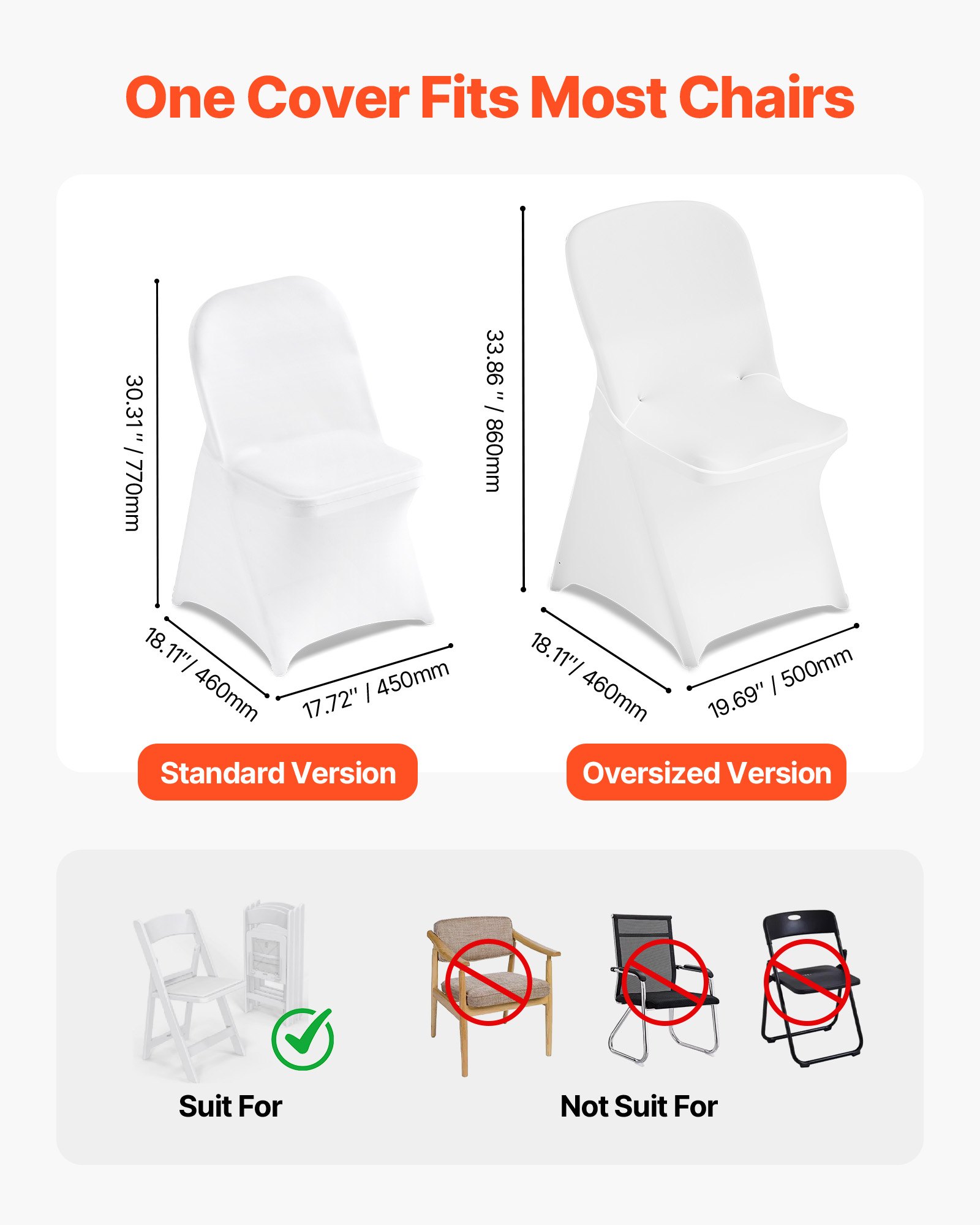 VEVOR 30 Pcs White Chair Covers, Polyester Spandex Chair Cover, Stretch Slipcovers for Wedding Party Dining Banquet Flat-Front Chair Covers, Fits Chair Measures up to 18.11 x 19.69 x 33.86 inch
