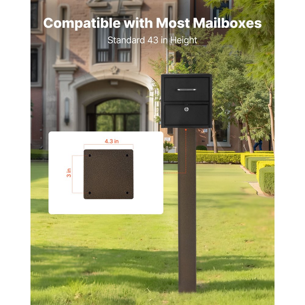 VEVOR Mailbox Post, 43 x 4 x 4 Inches, Steel In-Ground Mounting Mail Box Stand with Powder Coating Surface, Heavy Duty Metal Post Sleeve Kit for Outside Curbside Residential Use, Easy Install, Bronze