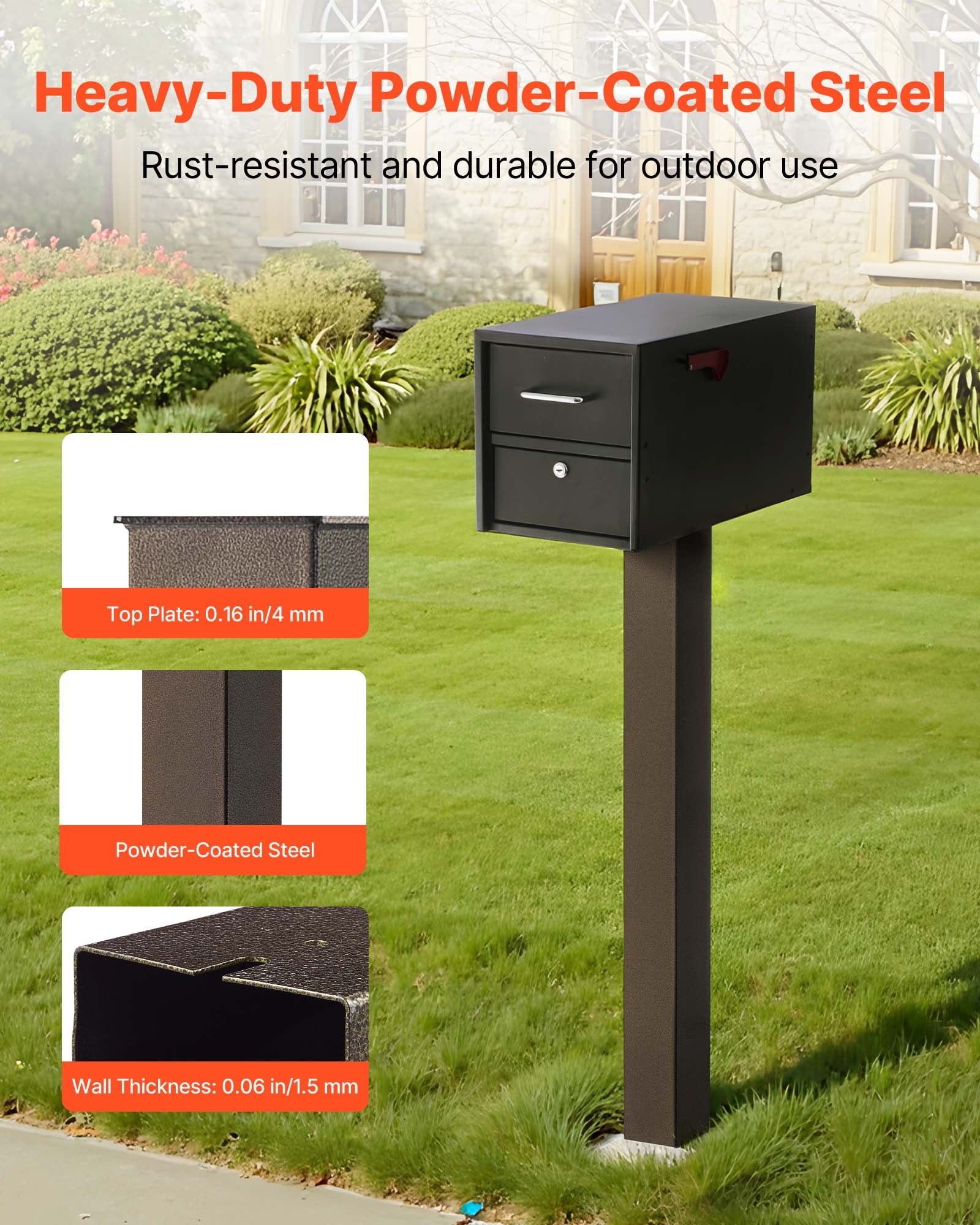 VEVOR Mailbox Post, 43 x 4 x 4 Inches, Steel In-Ground Mounting Mail Box Stand with Powder Coating Surface, Heavy Duty Metal Post Sleeve Kit for Outside Curbside Residential Use, Easy Install, Bronze