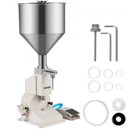 VEVOR Pneumatic Liquid Filling Machine A02, Pneumatic Paste Filler 5-50ML, with Stainless Steel Hopper Bottle Filling Machine for Water Oil Liquid Cream Honey Skin Care 20-60 Times/Min