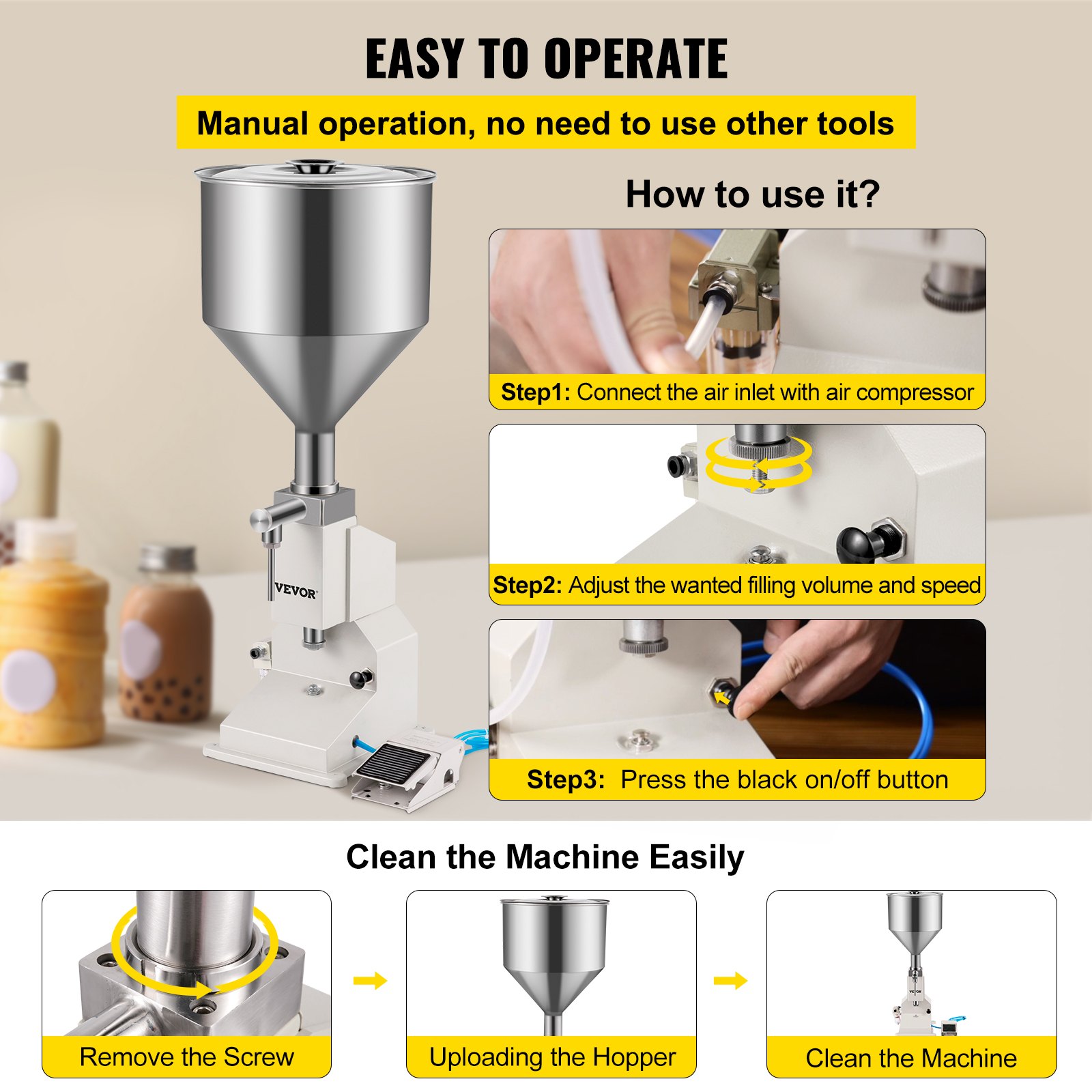VEVOR Pneumatic Liquid Filling Machine A02, Pneumatic Paste Filler 5-50ML, with Stainless Steel Hopper Bottle Filling Machine for Water Oil Liquid Cream Honey Skin Care 20-60 Times/Min
