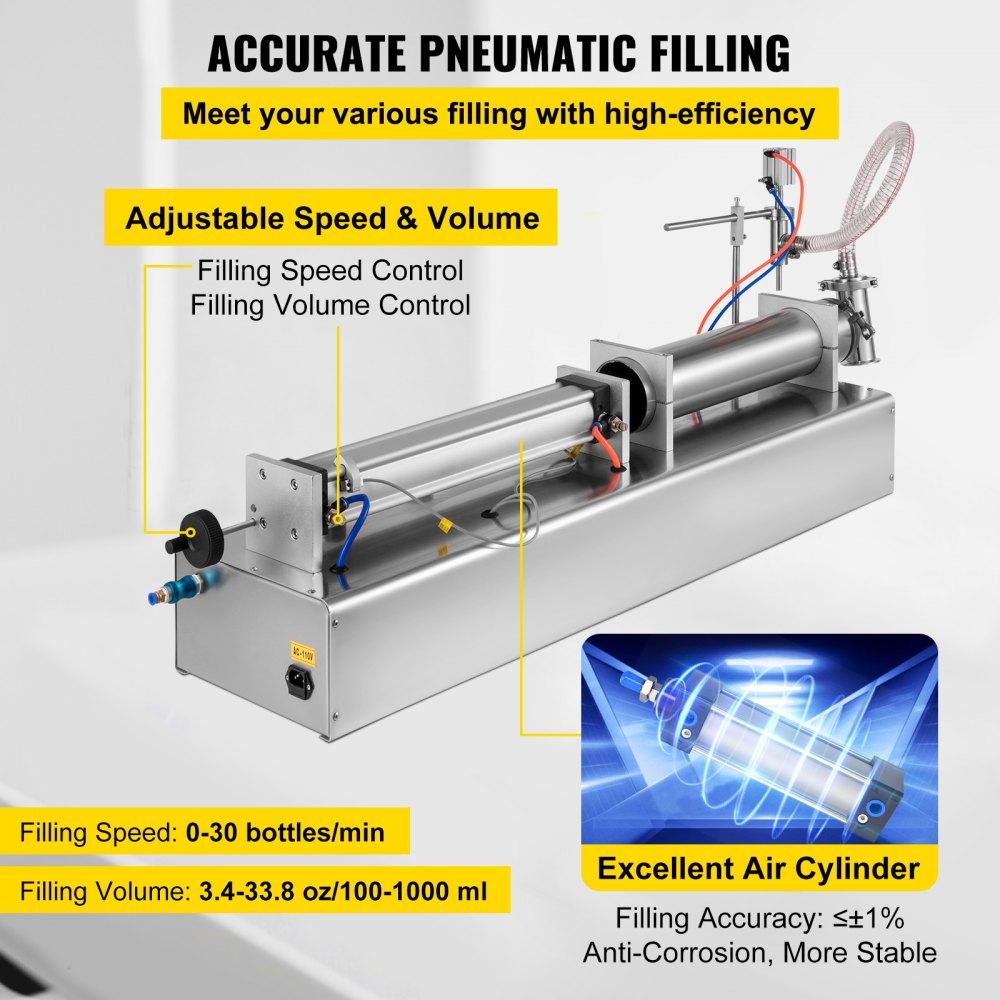 VEVOR 100-1000ml Pneumatic Liquid Filling Machine Single Head Piston Filler