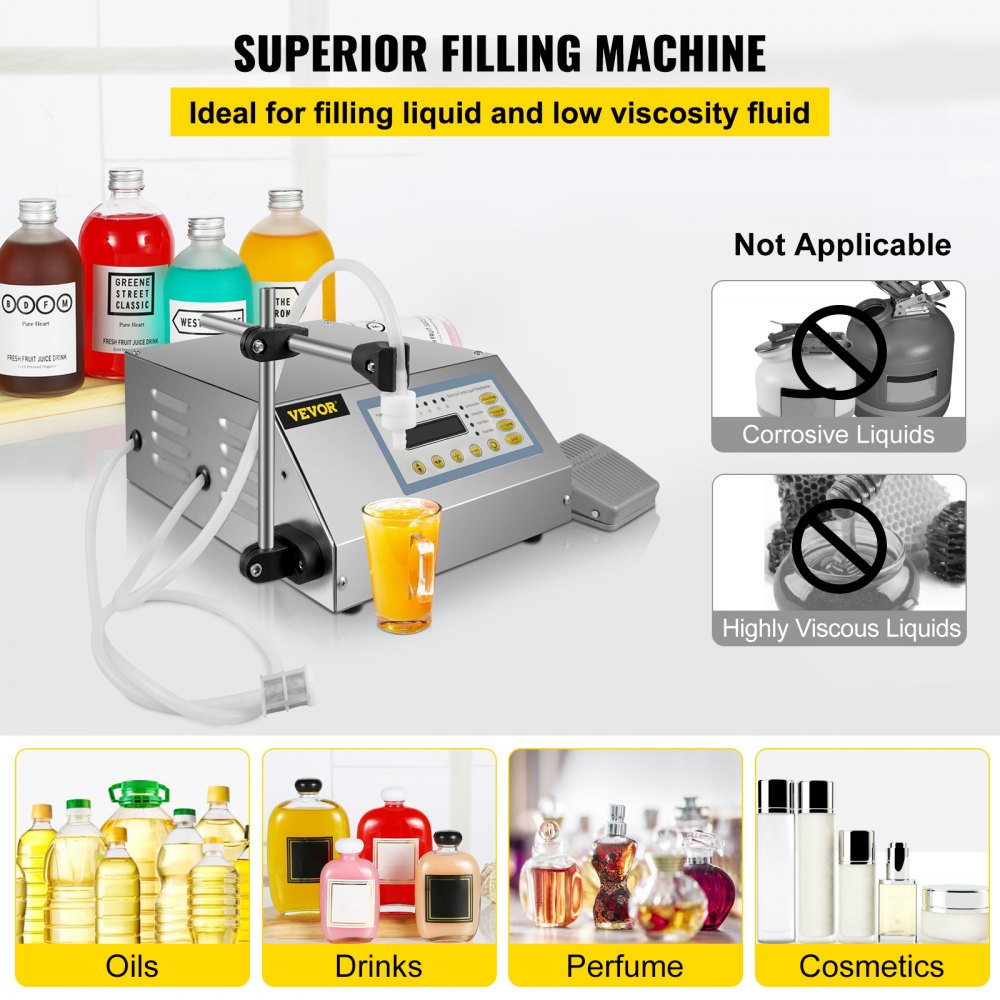 VEVOR Automatic Liquid Filling Machine 5 to 3500ml Digital Liquid Filler Machine with One Nozzle, Digital Control Liquid Filler for Low-vicious Liquid, Water Beverage Vinegar Oil Cosmetic, GFK160