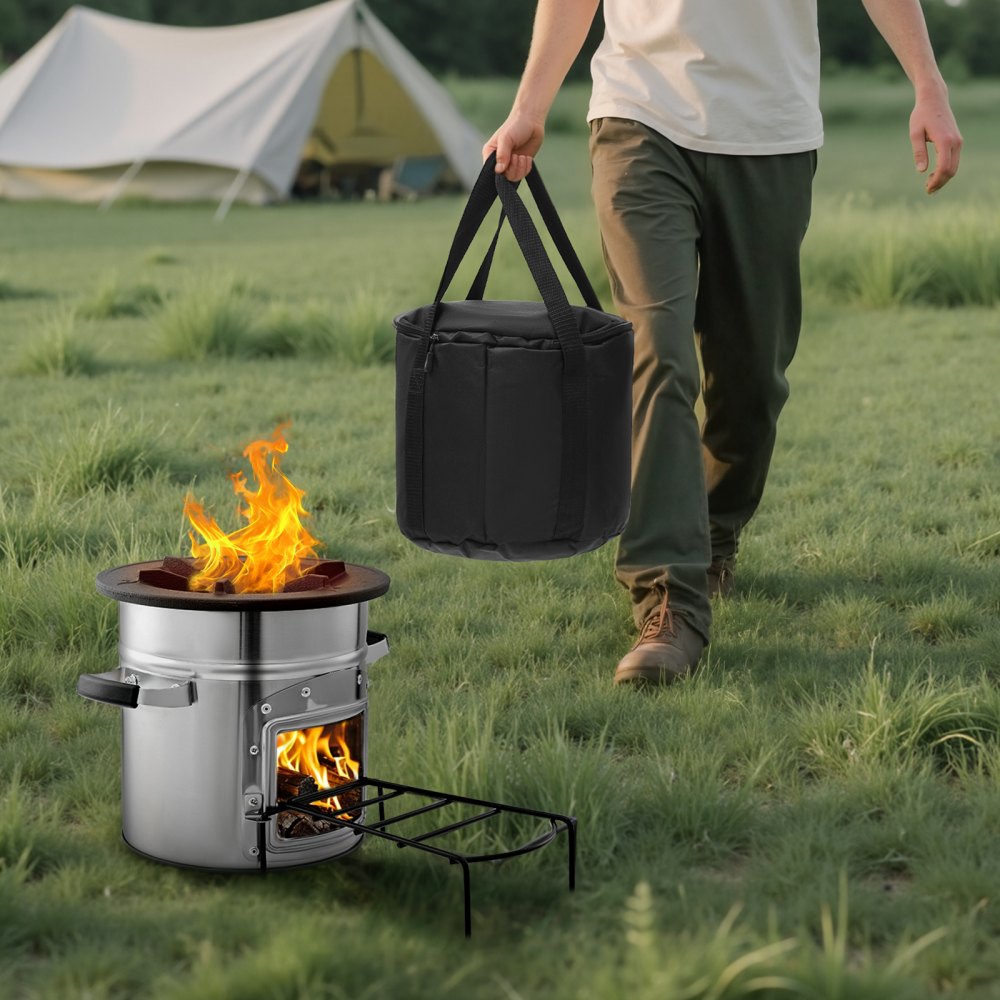 VEVOR Camping Rocket Stove, Wood Burning Portable Rocket Stove with Carrying Bag for Backpacking, Stainless Steel, Single Door, Burn Wood, Twigs or Sticks for Outdoor Cooking, Backyard, Camp Cooking