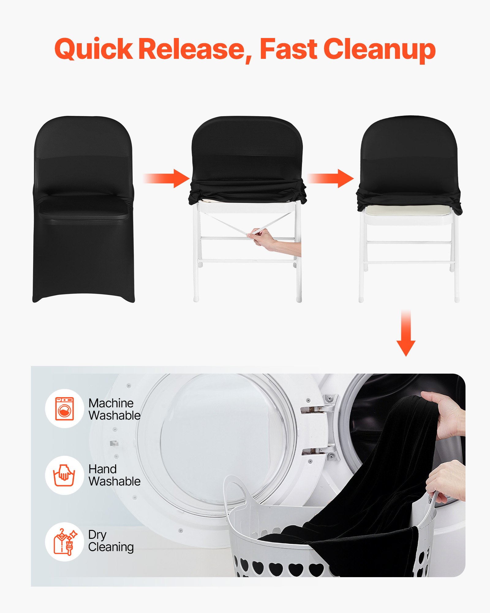 VEVOR 150 Pcs Black Chair Covers, Polyester Spandex Chair Cover, Stretch Slipcovers for Wedding Party Dining Banquet Flat-Front Chair Covers, Fits Chair Measures up to 17.72 x 18.11 x 30.31 inch