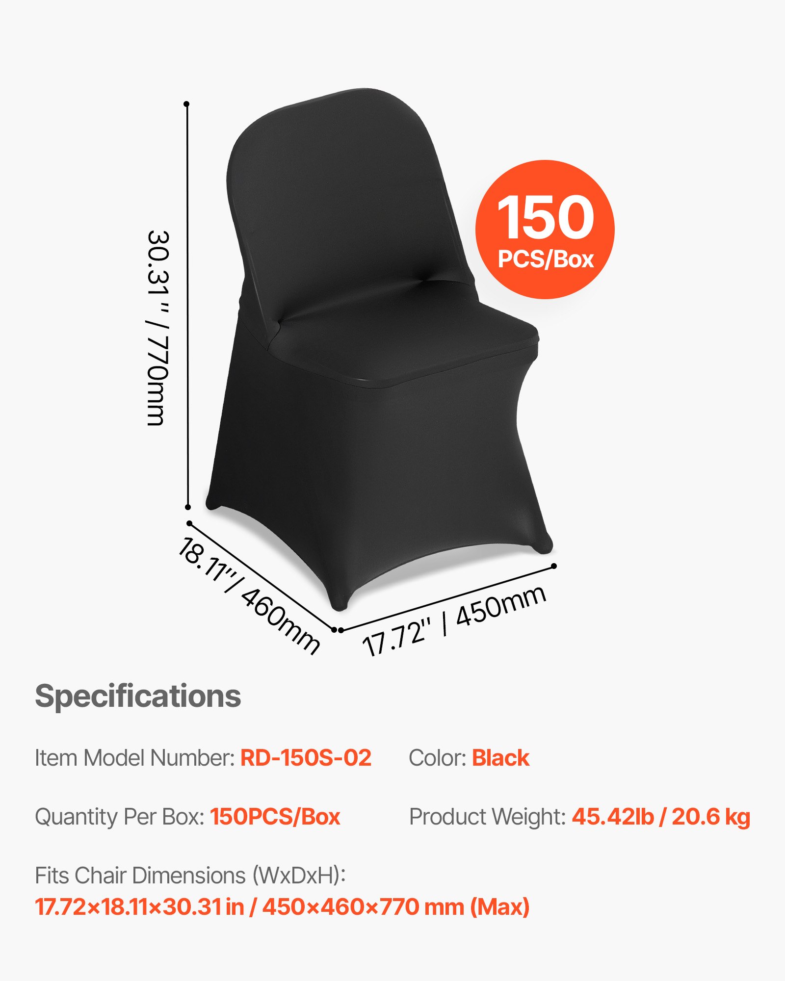 VEVOR 150 Pcs Black Chair Covers, Polyester Spandex Chair Cover, Stretch Slipcovers for Wedding Party Dining Banquet Flat-Front Chair Covers, Fits Chair Measures up to 17.72 x 18.11 x 30.31 inch