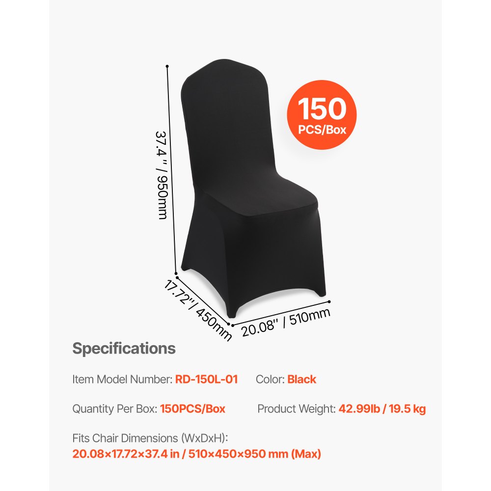 VEVOR 150 Pcs Black Chair Covers, Polyester Spandex Chair Cover, Stretch Slipcovers for Wedding Party Dining Banquet Flat-Front Chair Covers, Fits Chair Measures up to 20.08 x 17.72 x 37.4 inch