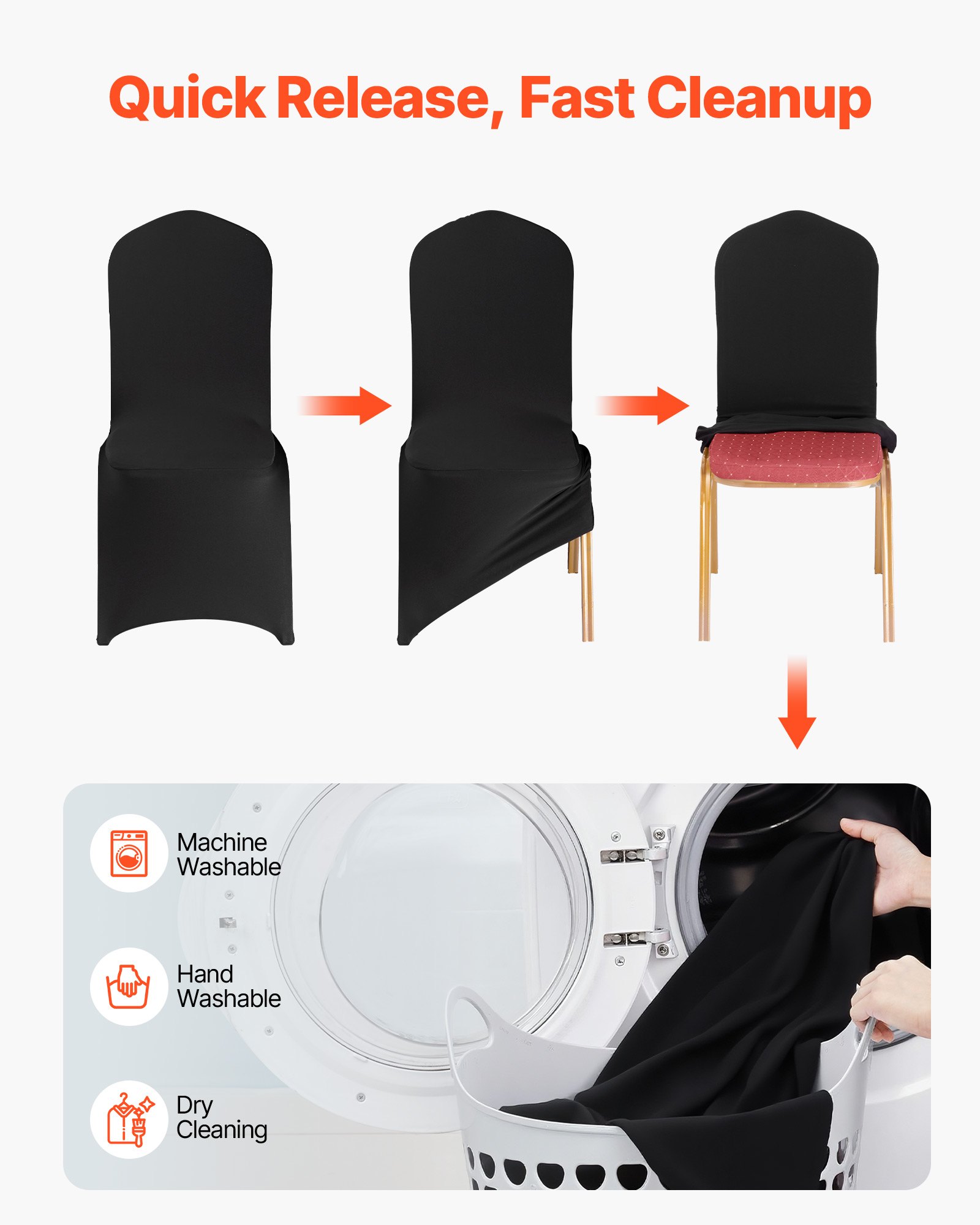 VEVOR 150 Pcs Black Chair Covers, Polyester Spandex Chair Cover, Stretch Slipcovers for Wedding Party Dining Banquet Flat-Front Chair Covers, Fits Chair Measures up to 20.08 x 17.72 x 37.4 inch