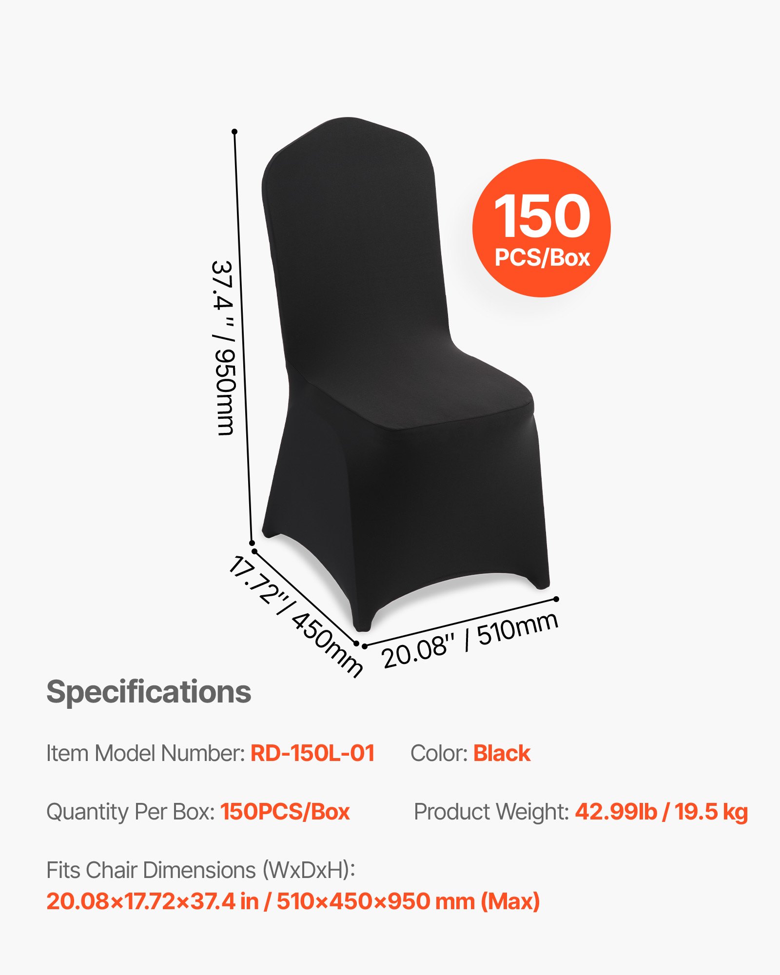 VEVOR 150 Pcs Black Chair Covers, Polyester Spandex Chair Cover, Stretch Slipcovers for Wedding Party Dining Banquet Flat-Front Chair Covers, Fits Chair Measures up to 20.08 x 17.72 x 37.4 inch