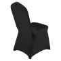 black VEVOR chair covers on a banquet chair, neatly fitted and covering both backrest and seat.
