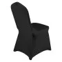 black VEVOR chair covers on a banquet chair, neatly fitted and covering both backrest and seat.