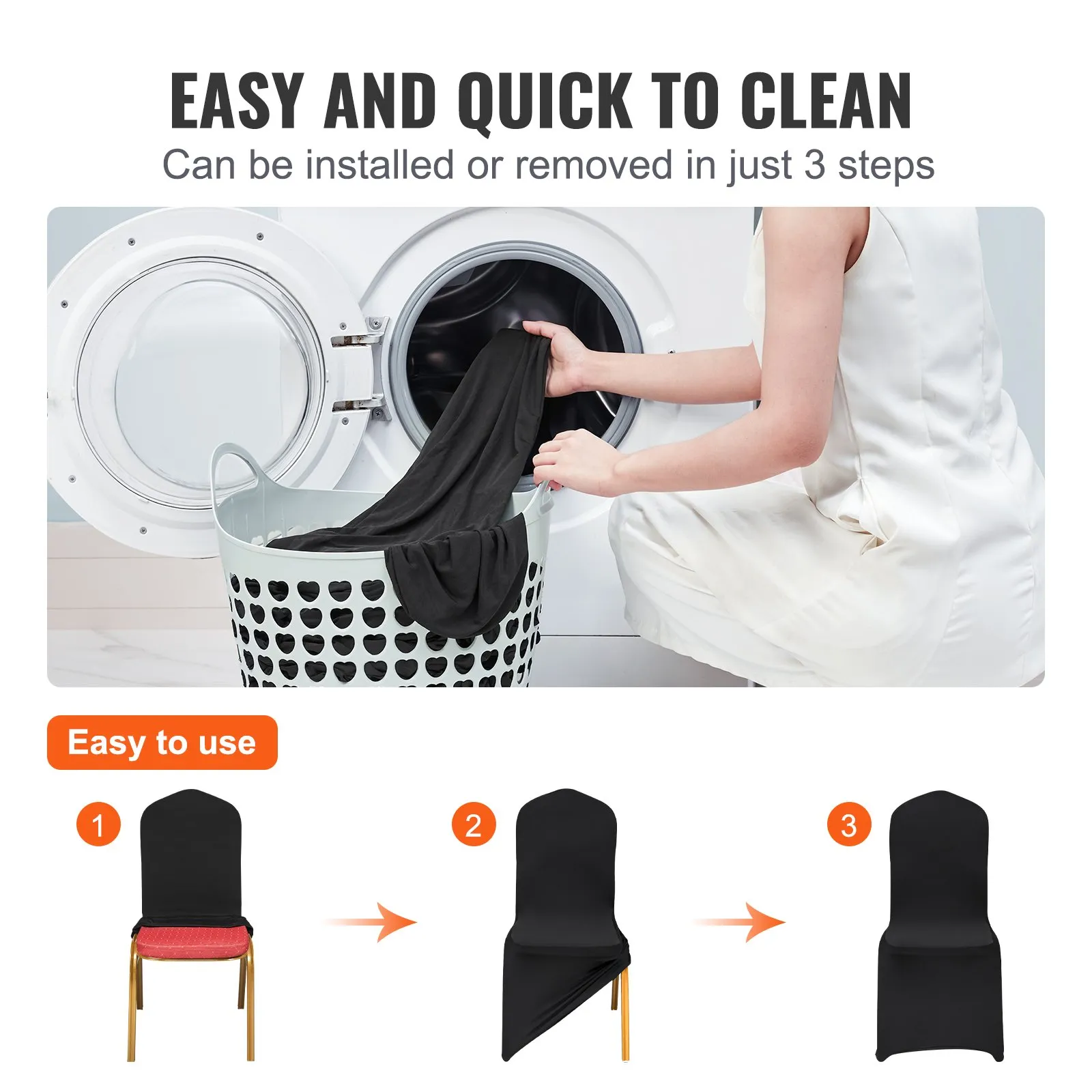 easy cleaning process of VEVOR chair covers, showing simple steps to install and remove in three steps.
