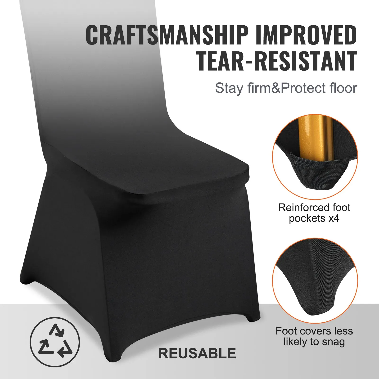 VEVOR chair covers: tear-resistant, firm fit, reinforced foot pockets, reusable, protects floor.