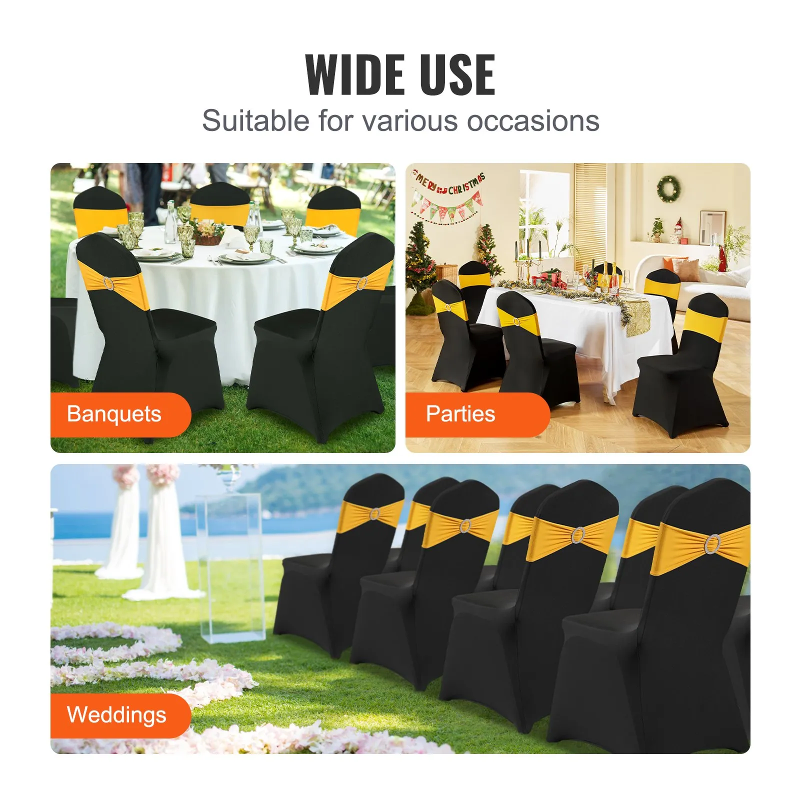 VEVOR chair covers for banquets, parties, and weddings with black fabric and yellow sash. wide use.