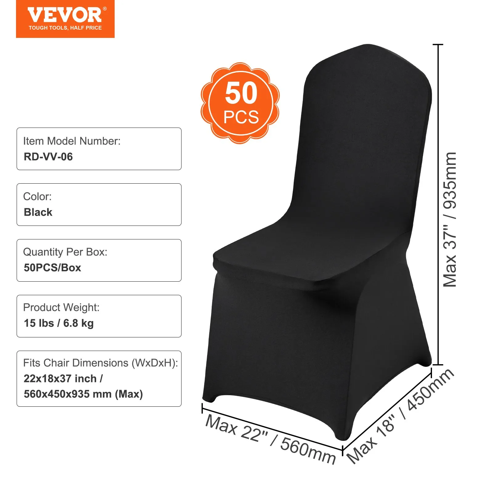 VEVOR chair covers, black, 50pcs/box, fits chairs up to 22x18x37 inches, model rd-vv-06.
