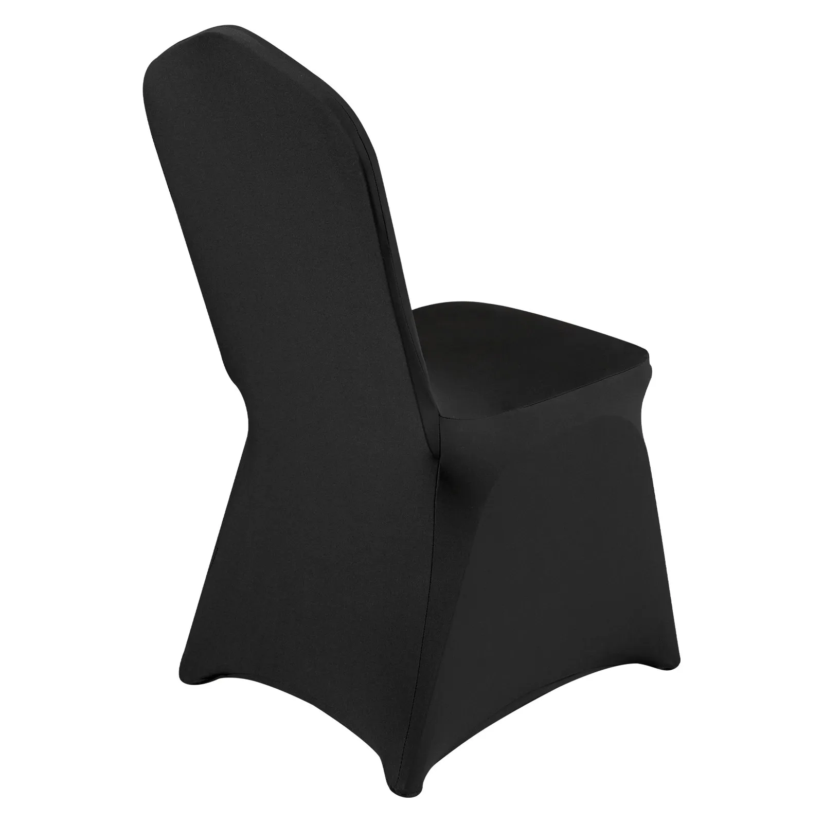 black VEVOR chair covers on a banquet chair, neatly fitted and covering both backrest and seat.