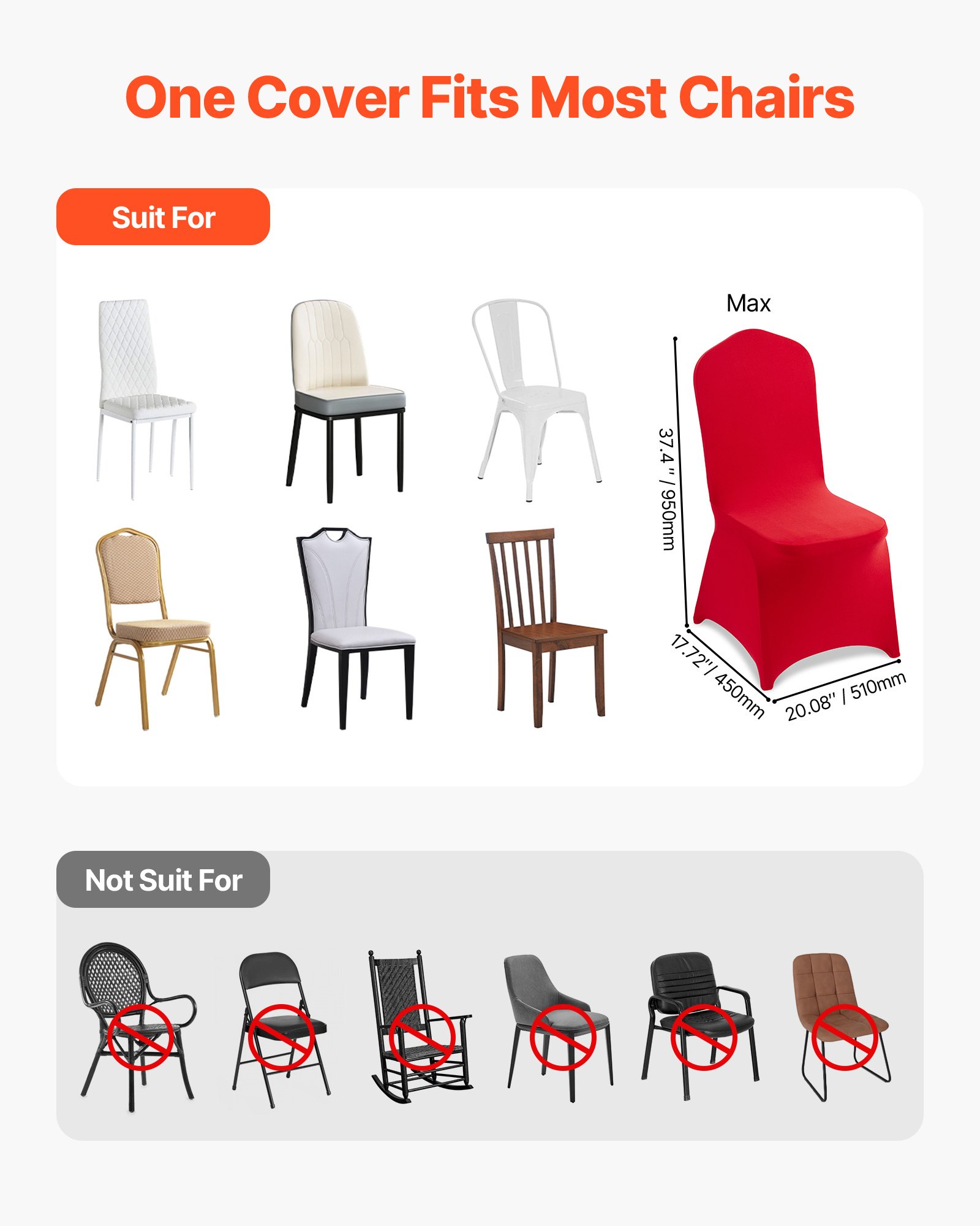 VEVOR 50 Pcs Red Chair Covers, Polyester Spandex Chair Cover, Stretch Slipcovers for Wedding Party Dining Banquet Flat-Front Chair Covers, Fits Chair Measures up to 20.08 x 17.72 x 37.4 inch