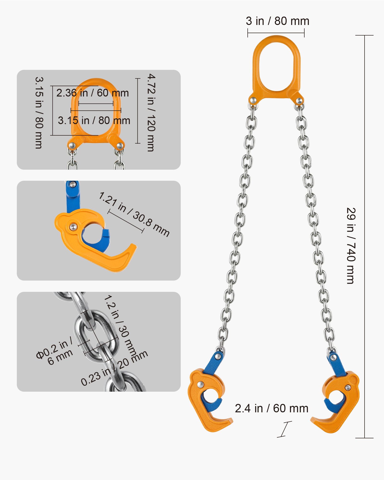 VEVOR Chain Drum Lifter, G80 Drum Lifting Chain Sling with Thickened Security Hook, 0.9 Ton Capacity, 50cm Long Sturdy Drums Handling Equipment, Carbon Steel Barrel Lifter for Plastic & Metal Drums