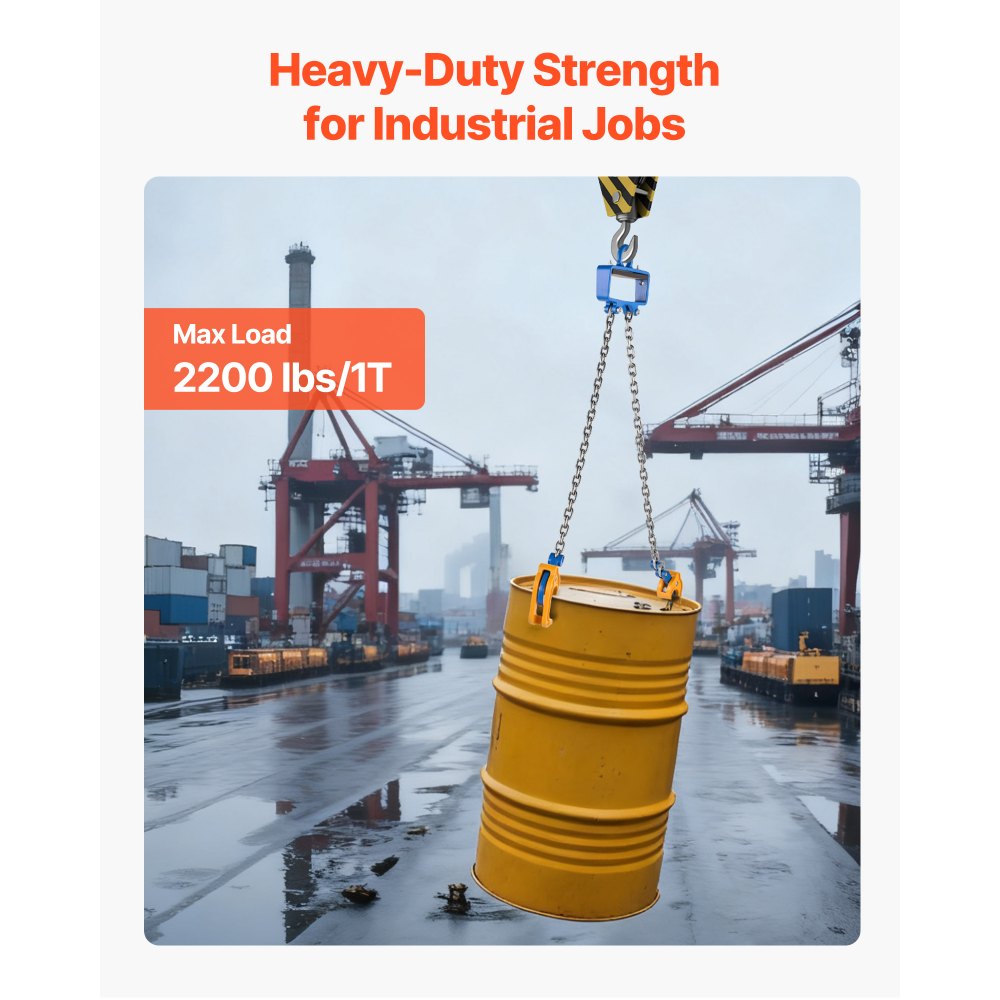 VEVOR Chain Drum Lifter, G80 Drum Lifting Chain Sling with Security Hook, Drums Handling 1 Ton Capacity, Equipment Fits for Crane Forklift, Carbon Steel Barrel Lifter for Plastic & Metal Drums
