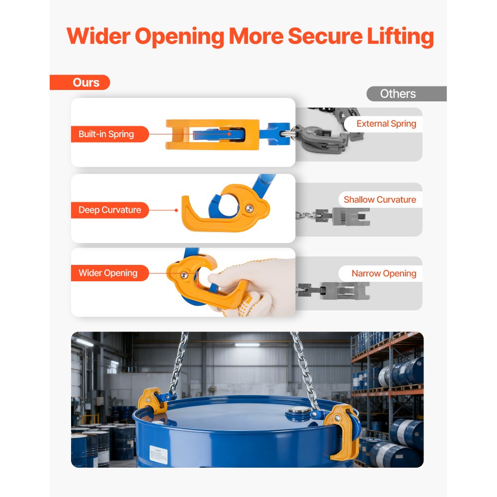 VEVOR Chain Drum Lifter, G80 Drum Lifting Chain Sling with Security Hook, Drums Handling 1 Ton Capacity, Equipment Fits for Crane Forklift, Carbon Steel Barrel Lifter for Plastic & Metal Drums