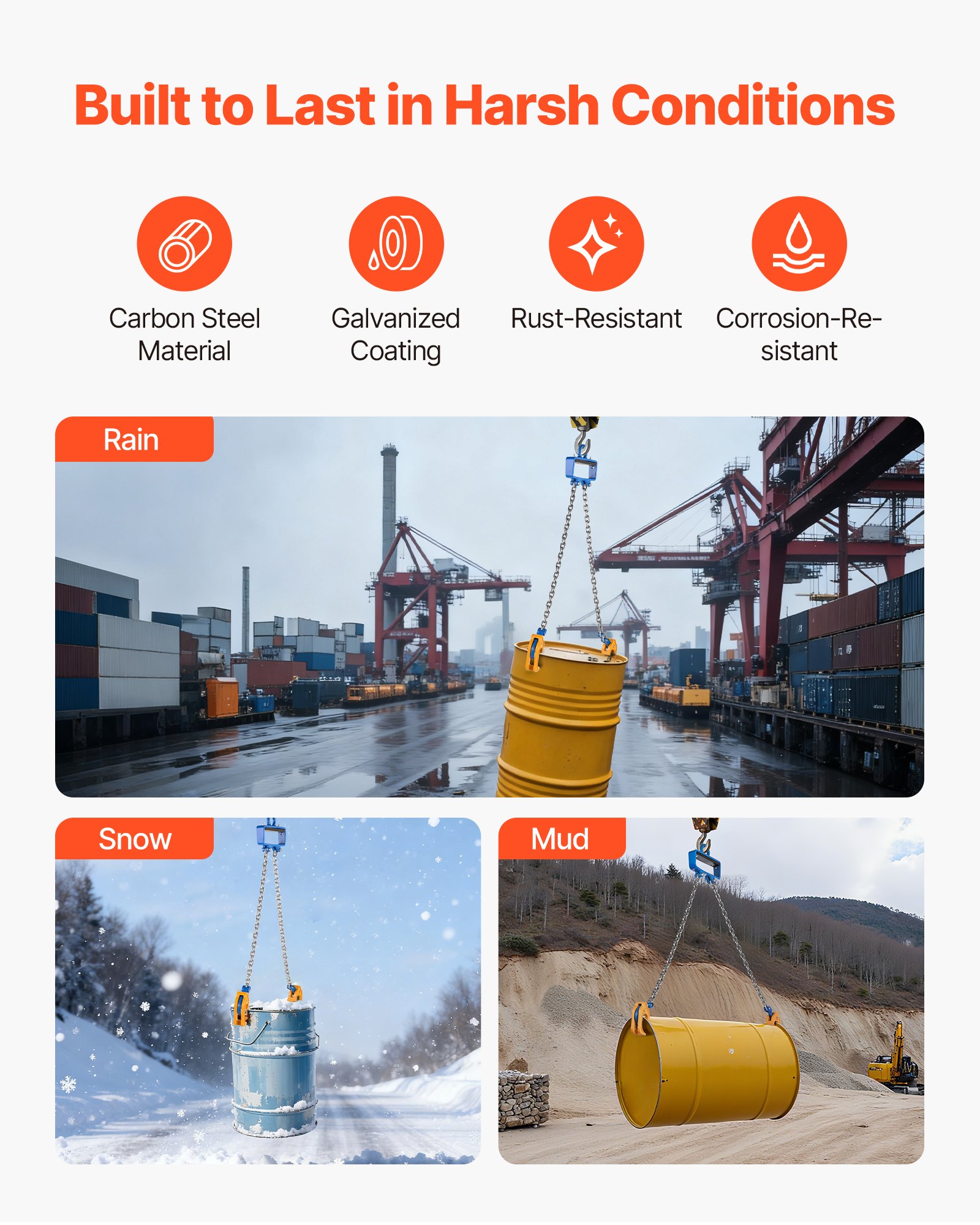 VEVOR Chain Drum Lifter, G80 Drum Lifting Chain Sling with Security Hook, Drums Handling 1 Ton Capacity, Equipment Fits for Crane Forklift, Carbon Steel Barrel Lifter for Plastic & Metal Drums