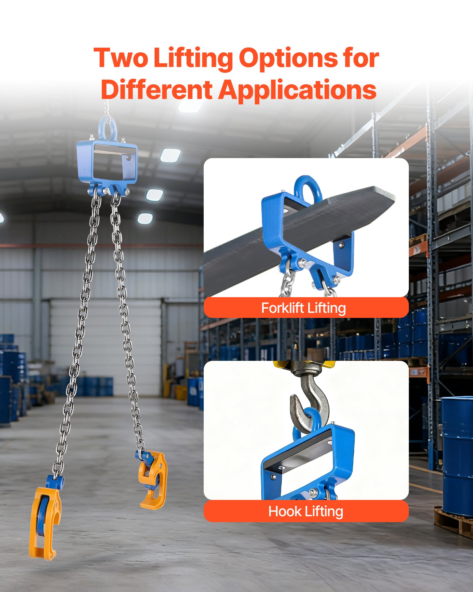 VEVOR Chain Drum Lifter, G80 Drum Lifting Chain Sling with Security Hook, Drums Handling 1 Ton Capacity, Equipment Fits for Crane Forklift, Carbon Steel Barrel Lifter for Plastic & Metal Drums