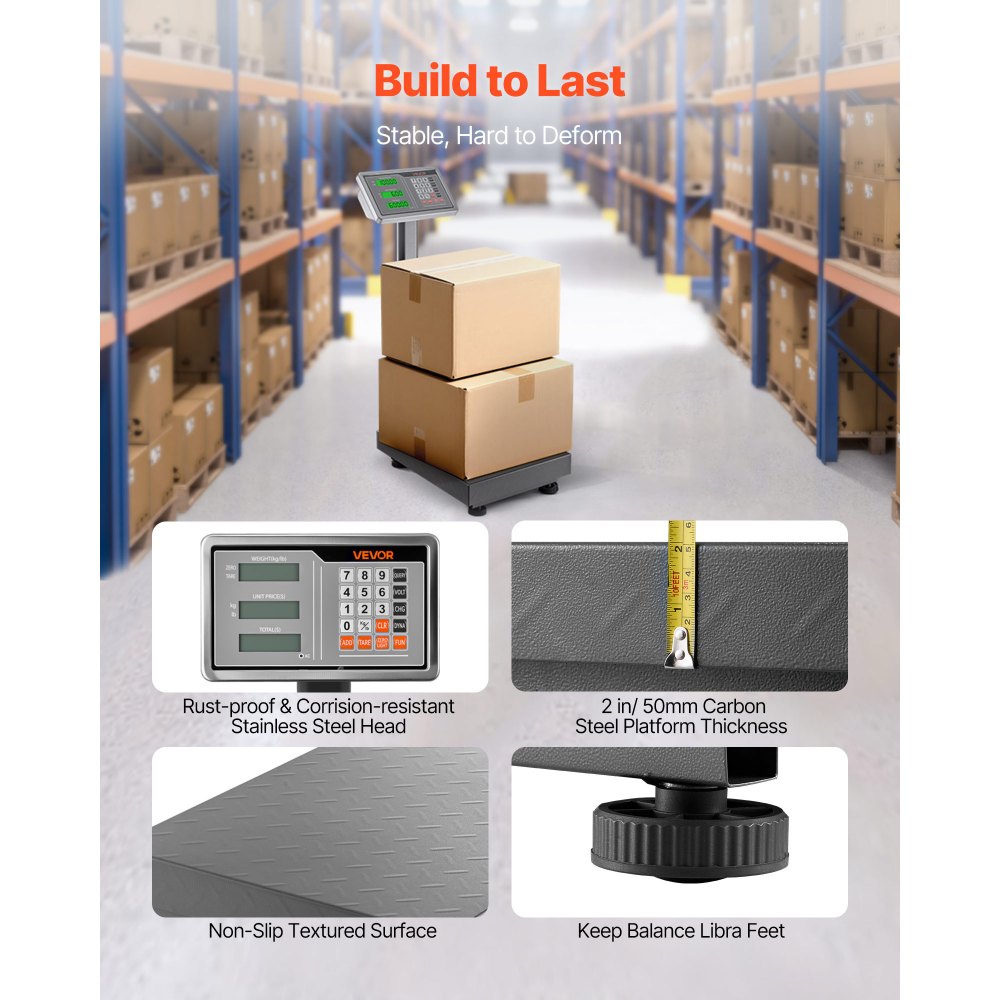 VEVOR Computing Digital Platform Scale, 220 lbs Load, 0.04 lbs Accuracy, Electronic Floor Scale with LB/KG, Tare, Price Calculator, AC/DC Power Supply, Fit for Luggage, Shipping, Packages, Postage