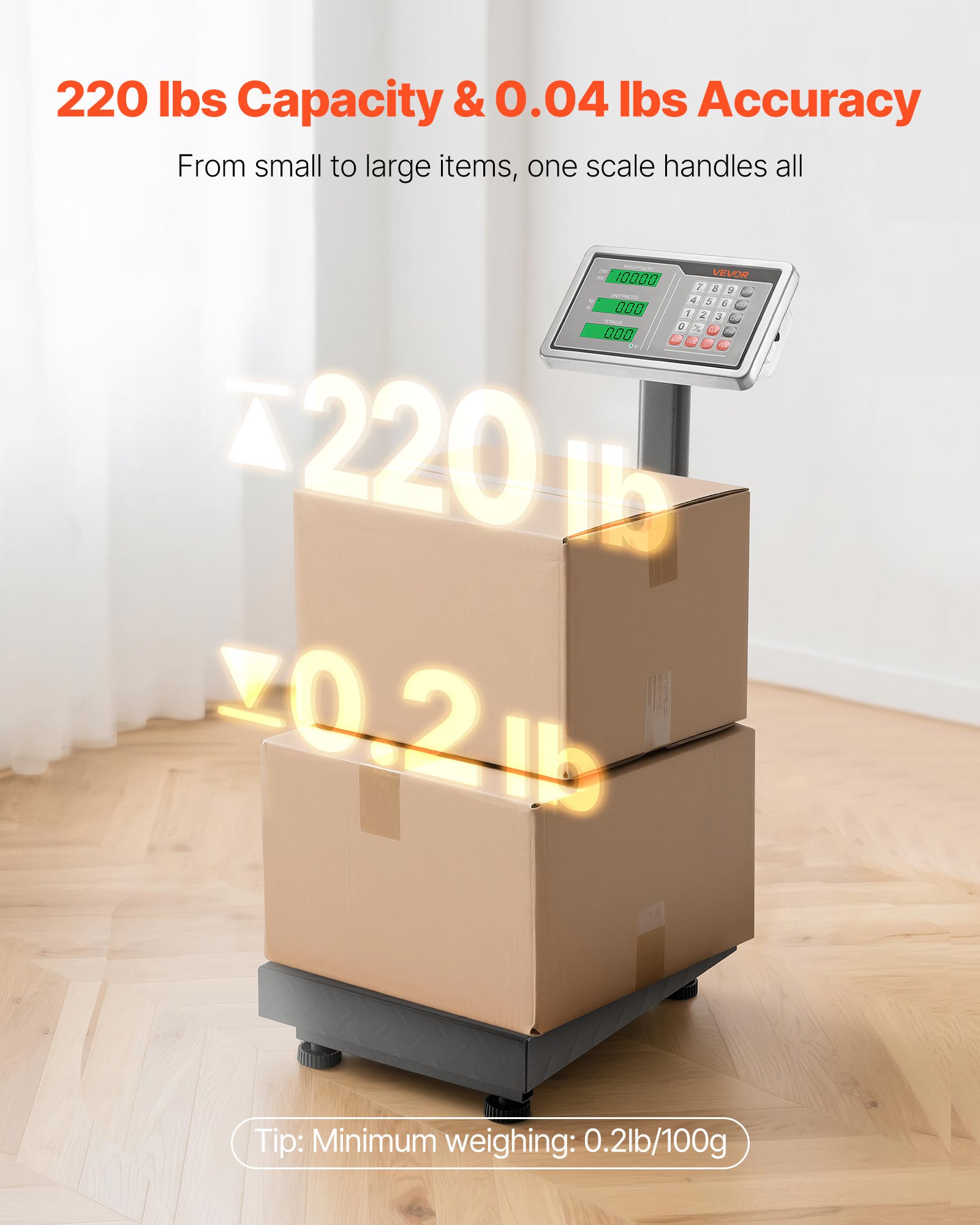 VEVOR Computing Digital Platform Scale, 220 lbs Load, 0.04 lbs Accuracy, Electronic Floor Scale with LB/KG, Tare, Price Calculator, AC/DC Power Supply, Fit for Luggage, Shipping, Packages, Postage