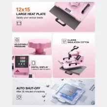 VEVOR Heat Press Machine, 12 x 15 inch, 5 in 1 Heat Transfer Machine with 30 oz Tumbler Press, 360° Swing Away T-Shirt Pressing, Digital Precise Control, for T-Shirts/Mugs/Hats/Plates, Pink