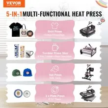 VEVOR Heat Press Machine, 15 x 15 inch, 5 in 1 Heat Transfer Machine with 30 oz Tumbler Press, 360° Swing Away Digital T-Shirt Pressing Machine, Teflon Coating, for T-Shirts/Mugs/Hats/Plates, Black