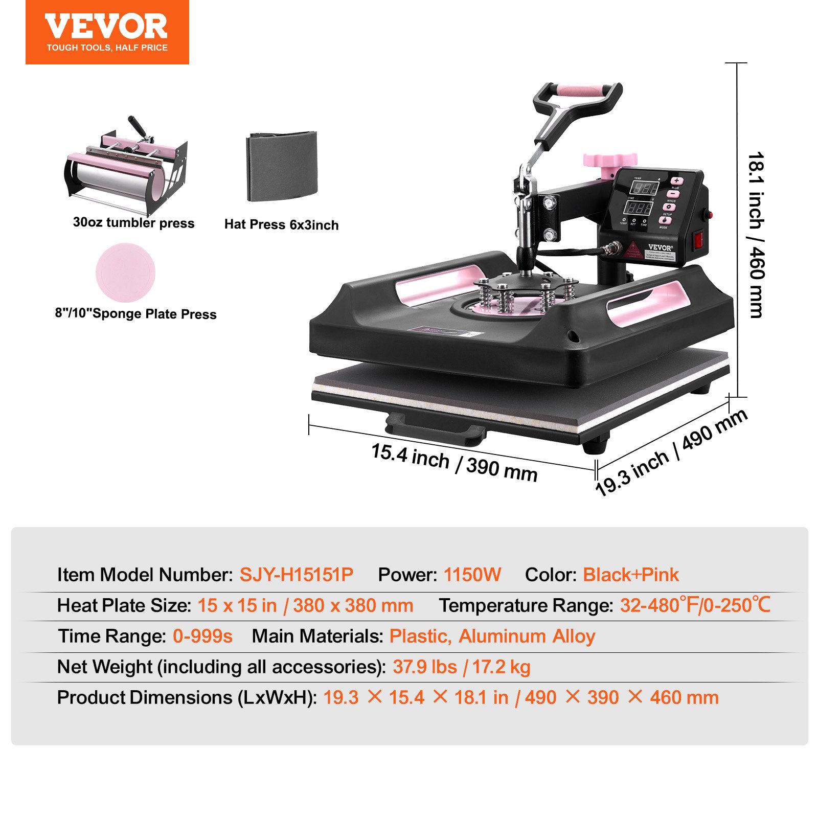 VEVOR Heat Press Machine, 15 x 15 inch, 5 in 1 Heat Transfer Machine with 30 oz Tumbler Press, 360° Swing Away Digital T-Shirt Pressing Machine, Teflon Coating, for T-Shirts/Mugs/Hats/Plates, Black