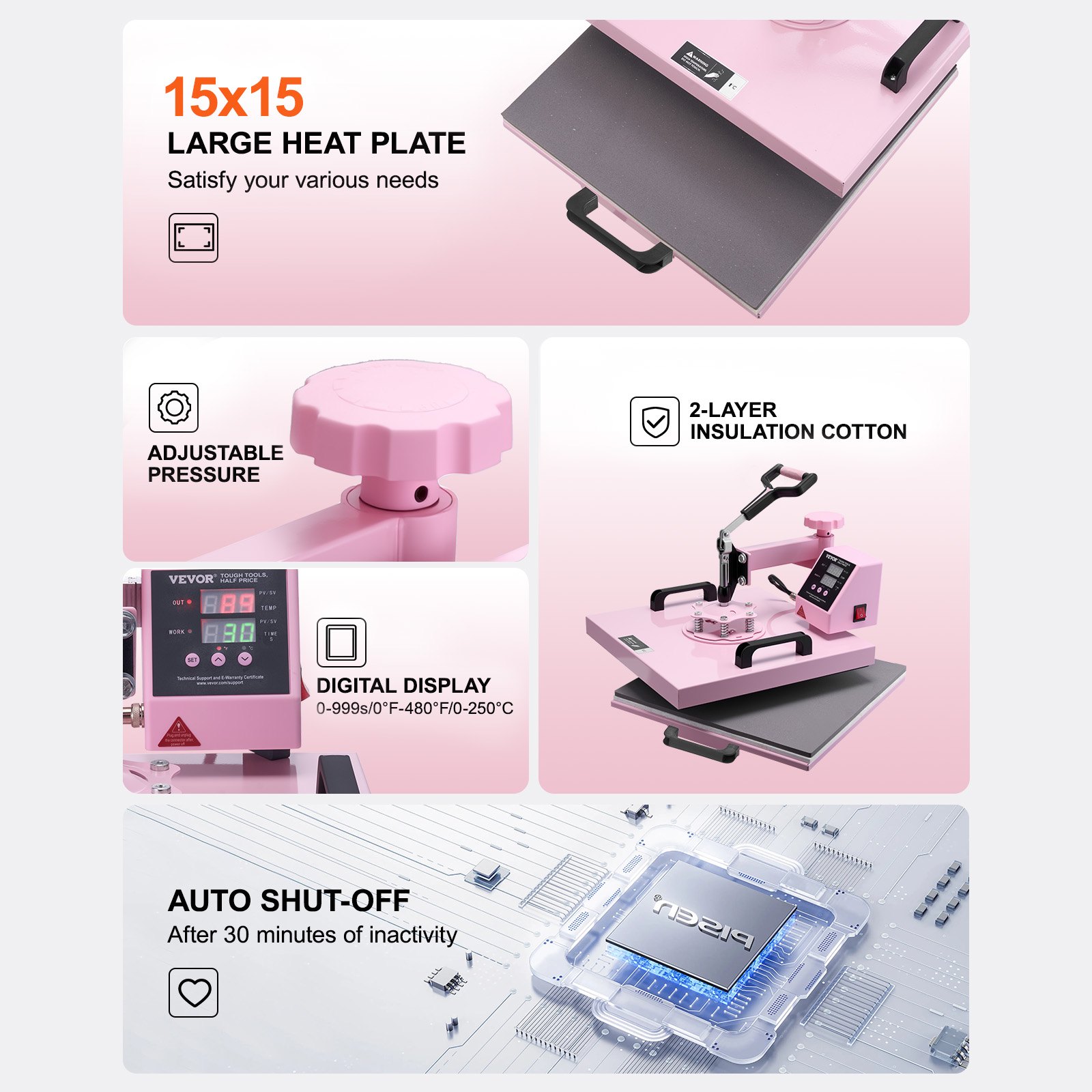 VEVOR Heat Press Machine, 15 x 15 inch, 5 in 1 Heat Transfer Machine with 30 oz Tumbler Press, 360° Swing Away T-Shirt Pressing, Digital Precise Control, for T-Shirts/Mugs/Hats/Plates, Pink