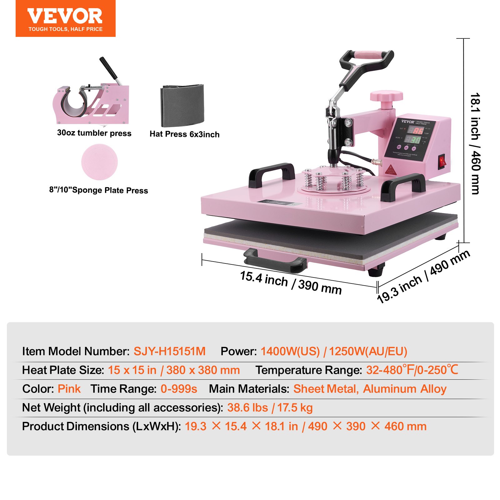 VEVOR Heat Press Machine, 38x38 cm, 5 in 1 Heat Transfer Machine with 30 oz Tumbler Press, 360° Swing Away T-Shirt Pressing, Digital Precise Control, for T-Shirts/Mugs/Hats/Plates, Pink