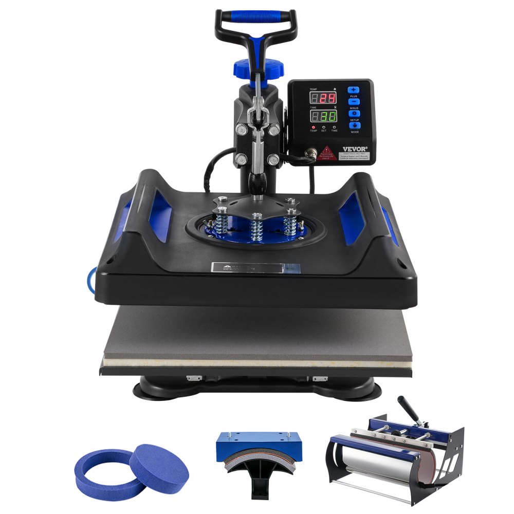 VEVOR heat press machine with digital controls and various attachments in black and blue.