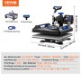 VEVOR heat press machine with detailed specifications, dimensions, and included accessories for versatile use.