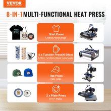 VEVOR 8 in 1 Heat Press Machine 15x15 in 30oz Tumbler Press T-Shirts Black+Blue