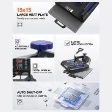 VEVOR Heat Press Machine, 15 x 15 inch, 8 in 1 Heat Transfer Machine with 30 oz Tumbler Press, 360° Swing Away Digital T-Shirt Pressing, Teflon Coating, for T-Shirts/Mugs/Hats/Plates, Black+Blue