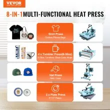 VEVOR Heat Press Machine, 15 x 15 inch, 8 in 1 Heat Transfer Machine with 6-30 oz Tumbler Press, 360° Swing Away T-Shirt Pressing, Digital Precise Control, for T-Shirts/Mugs/Hats/Plates, Green