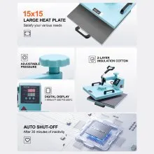 VEVOR Heat Press Machine, 15 x 15 inch, 8 in 1 Heat Transfer Machine with 6-30 oz Tumbler Press, 360° Swing Away T-Shirt Pressing, Digital Precise Control, for T-Shirts/Mugs/Hats/Plates, Green