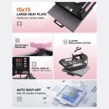 VEVOR Heat Press Machine, 15 x 15 inch, 8 in 1 Heat Transfer Machine with 30 oz Tumbler Press, 360° Swing Away Digital T-Shirt Pressing Machine, Teflon Coating, for T-Shirts/Mugs/Hats/Plates, Black