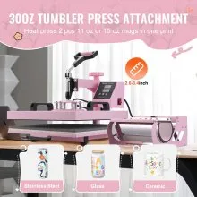 VEVOR Heat Press Machine, 15 x 15 inch, 8 in 1 Heat Transfer Machine with 6-30 oz Tumbler Press, 360° Swing Away T-Shirt Pressing, Digital Precise Control, for T-Shirts/Mugs/Hats/Plates, Pink