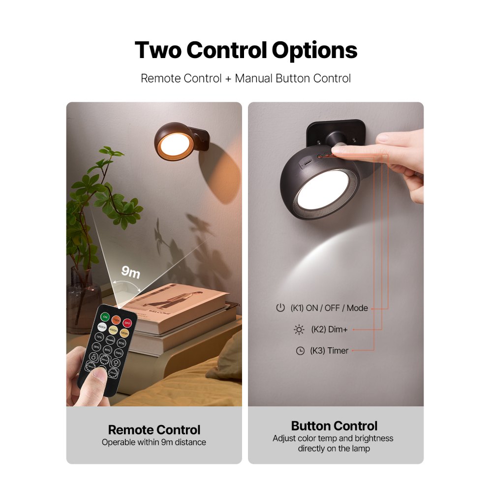 VEVOR 2PCS LED Wall Sconces, Rechargeable Battery Operated Wall Sconces Lamps with Remote Control, 360° Rotation Dimmable Wireless Wall Lights with Adjustable Color Temps, Brightness & 4-Level Timer