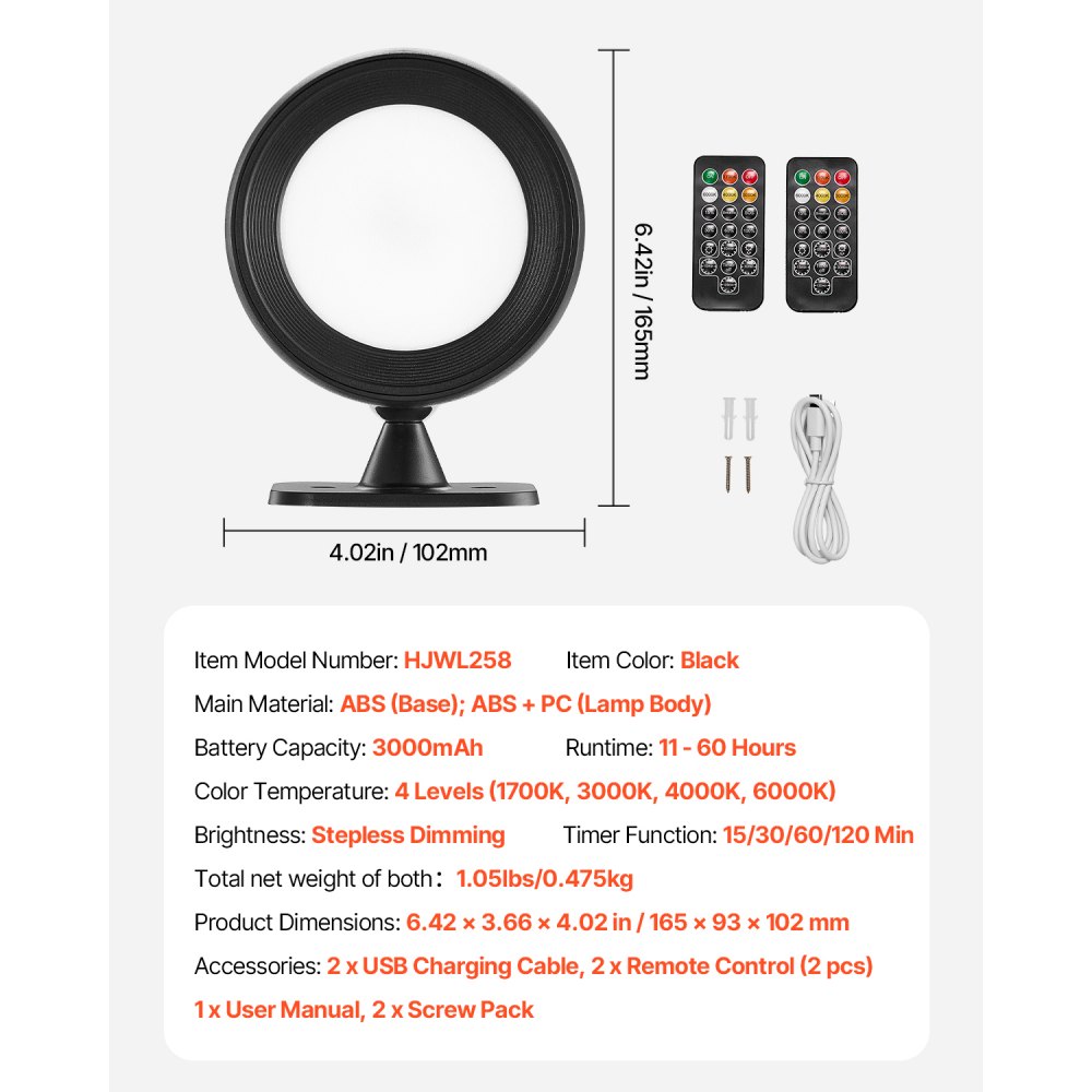 VEVOR 2PCS LED Wall Sconces, Rechargeable Battery Operated Wall Sconces Lamps with Remote Control, 360° Rotation Dimmable Wireless Wall Lights with Adjustable Color Temps, Brightness & 4-Level Timer