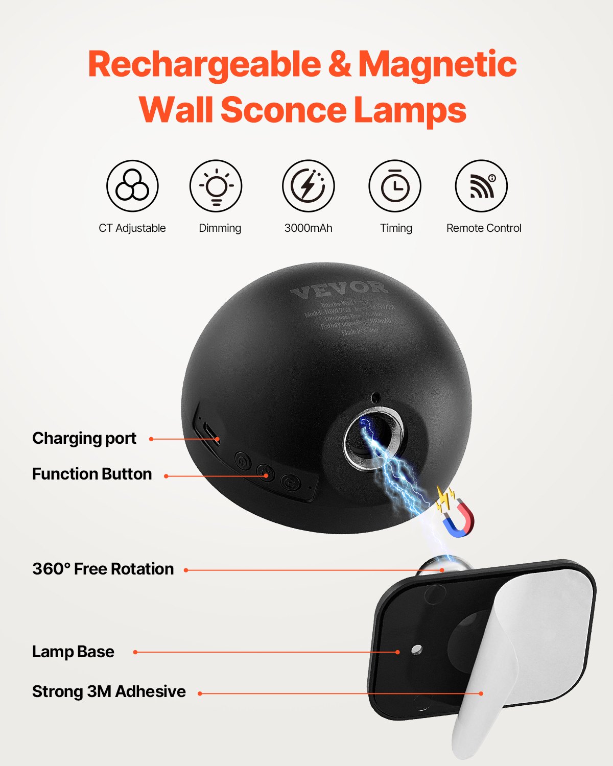 VEVOR 2PCS LED Wall Sconces, Rechargeable Battery Operated Wall Sconces Lamps with Remote Control, 360° Rotation Dimmable Wireless Wall Lights with Adjustable Color Temps, Brightness & 4-Level Timer