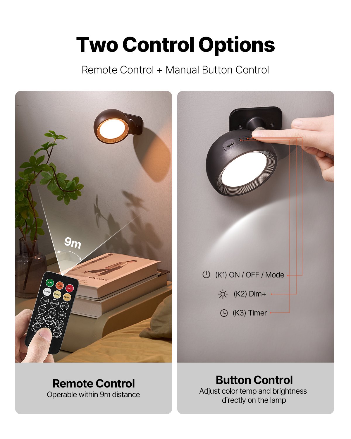 VEVOR 2PCS LED Wall Sconces, Rechargeable Battery Operated Wall Sconces Lamps with Remote Control, 360° Rotation Dimmable Wireless Wall Lights with Adjustable Color Temps, Brightness & 4-Level Timer